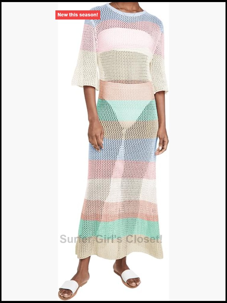 Crochet Half Sleeve Rainbow Swimwear Long Beach Dress Coverup